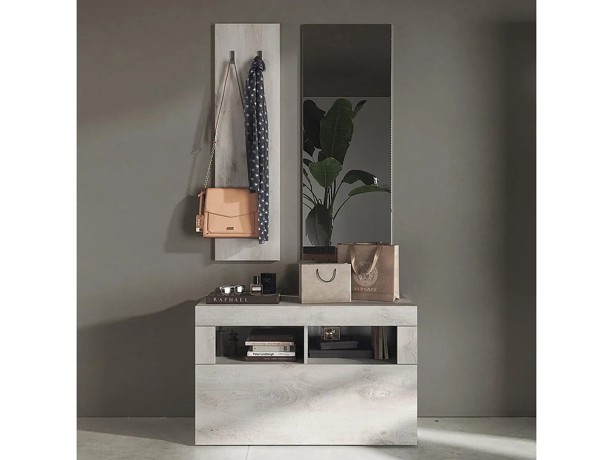 ROVICA - Meuble à chaussures avec miroir et portemanteau muraux aspect bois blanchi