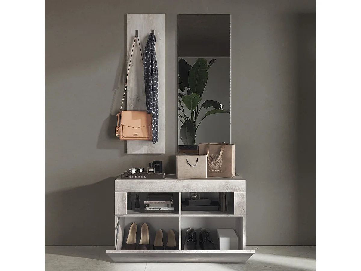 ROVICA - Meuble à chaussures avec miroir et portemanteau muraux aspect bois blanchi