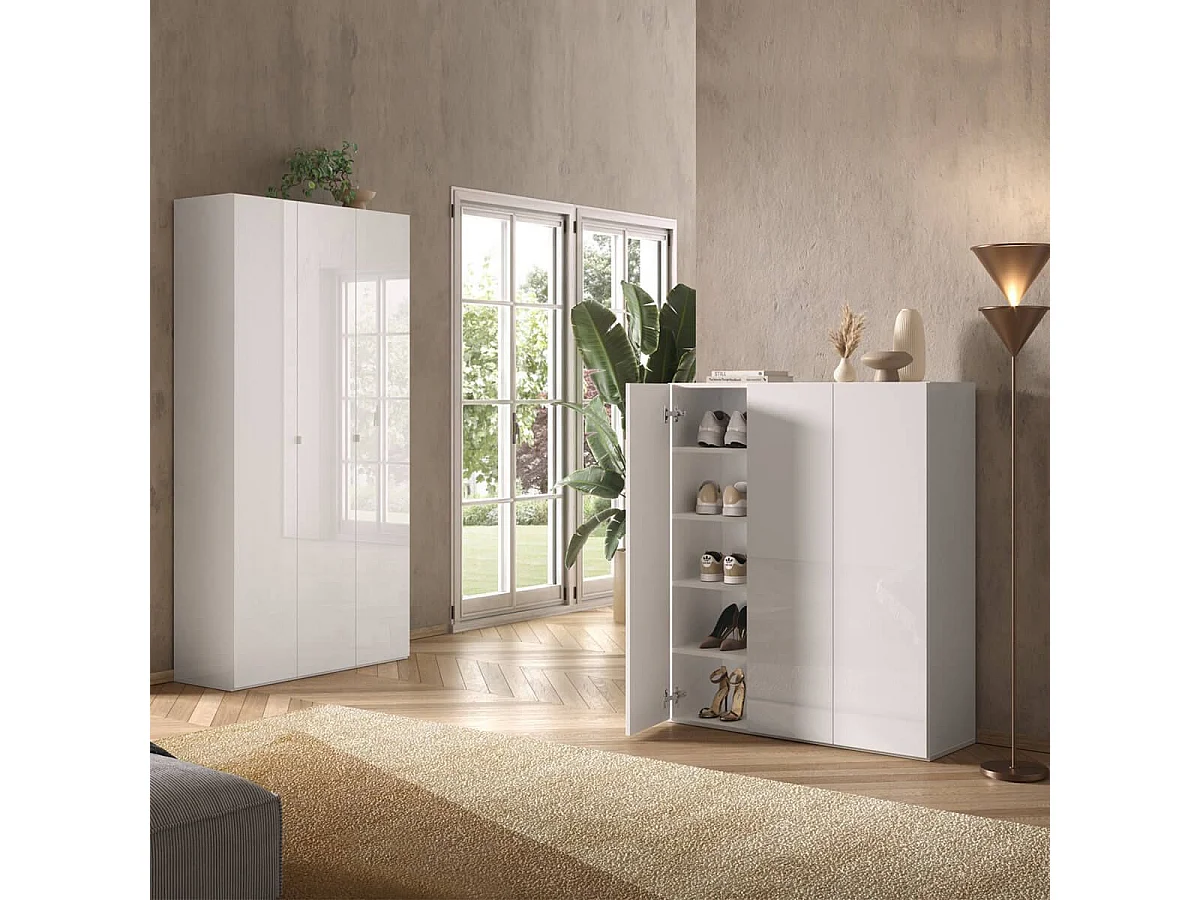 MAHELINE - Armoire à chaussures 3 portes 12 étagères laqué blanc