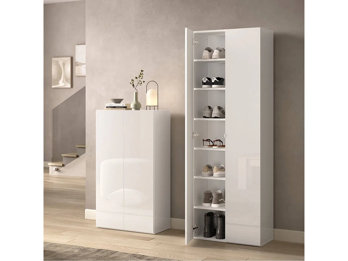 MAHELINE - Armoire à chaussures 2 portes 6 étagères laqué blanc