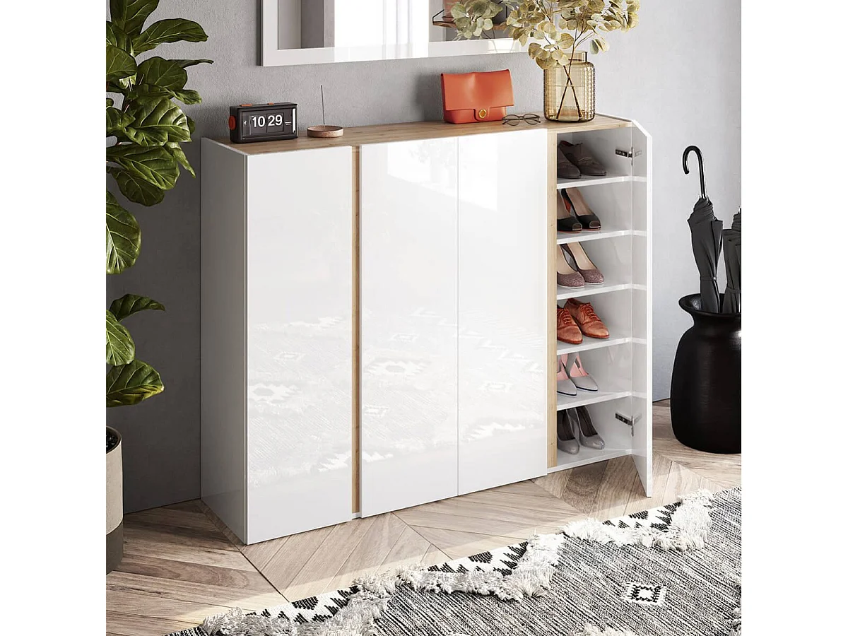 KADER - Meuble à chaussures 4 portes blanc et aspect bois finition Cadiz