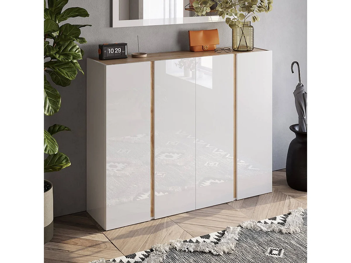 KADER - Meuble à chaussures 4 portes blanc et aspect bois finition Cadiz