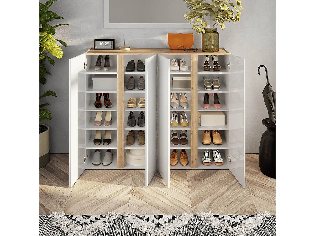 KADER - Meuble à chaussures 4 portes blanc et aspect bois finition Cadiz