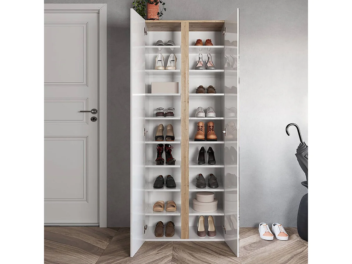 KADER - Armoire à chaussures 2 portes 1 miroir blanc et aspect bois finition Cadiz