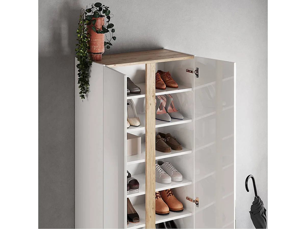 KADER - Armoire à chaussures 2 portes 1 miroir blanc et aspect bois finition Cadiz