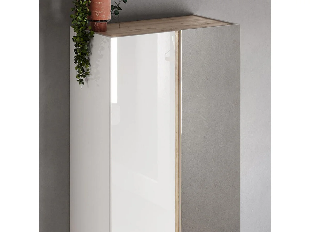 KADER - Armoire à chaussures 2 portes 1 miroir blanc et aspect bois finition Cadiz