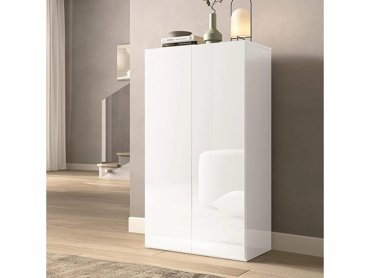 MAHELINE - Meuble à chaussures 2 portes 4 étagères laqué blanc
