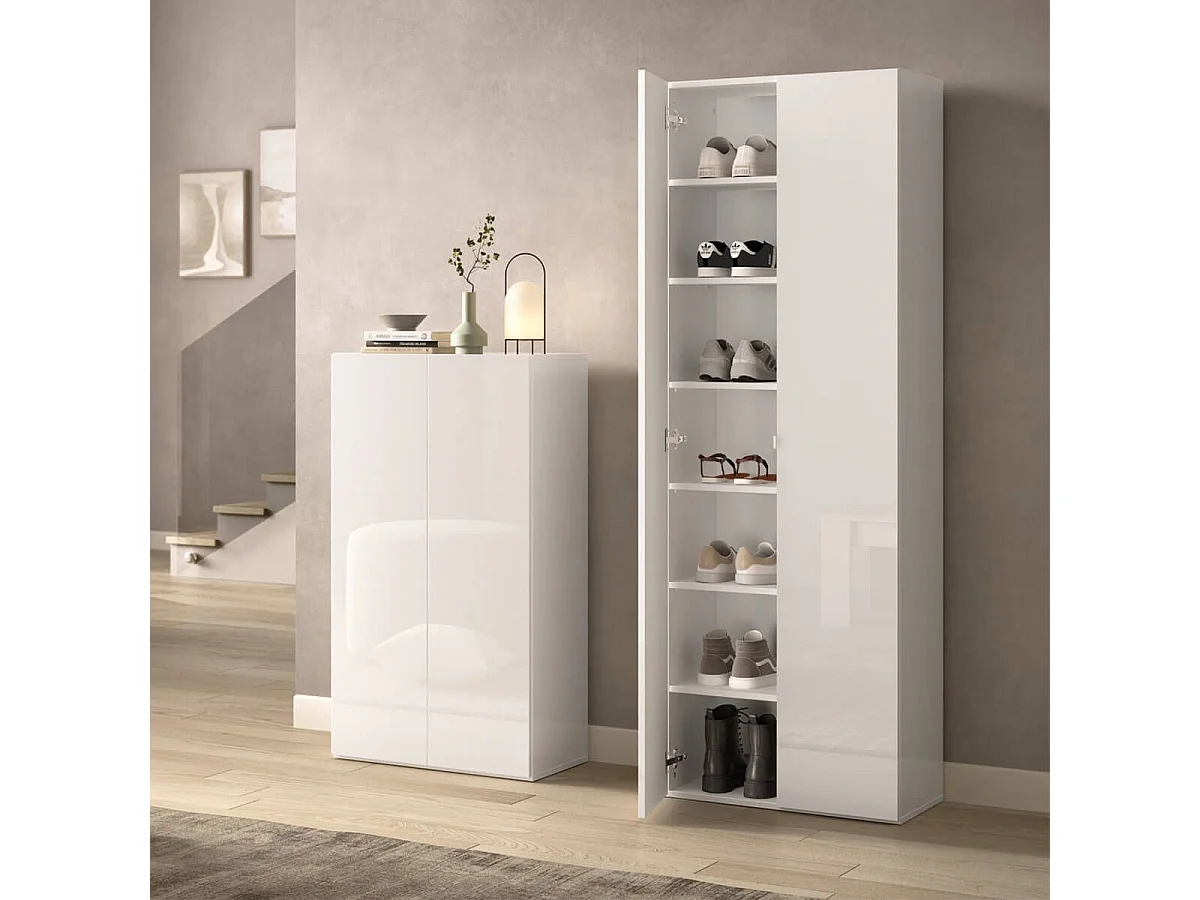 MAHELINE - Meuble à chaussures 2 portes 4 étagères laqué blanc