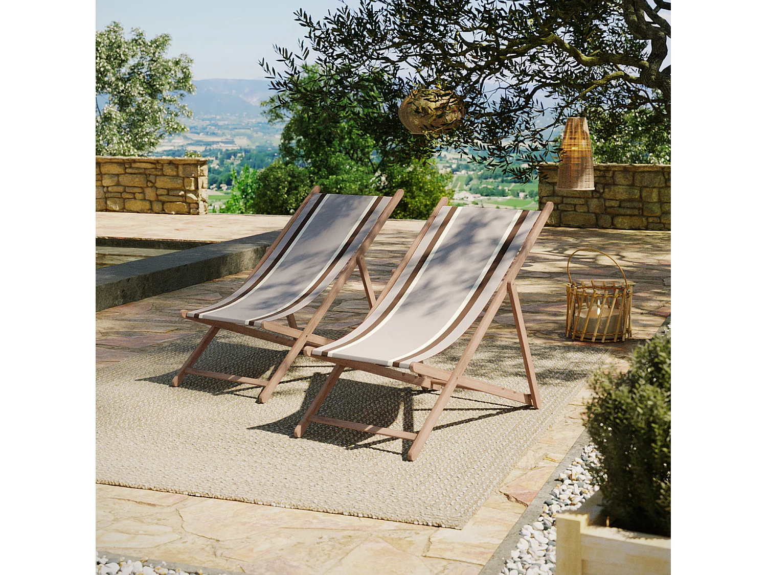 Lot de 2 chiliennes pliantes règlables - 100% acrylique - bois hêtre - Gris/Marron - AURICE GRIS