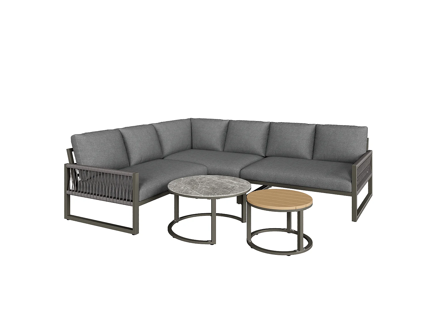Zestaw mebli ogrodowych dla 6-7 osób, narożna sofa - z ocynkowanej stali, regulowane nogi, 2 stoliki nocne, szary