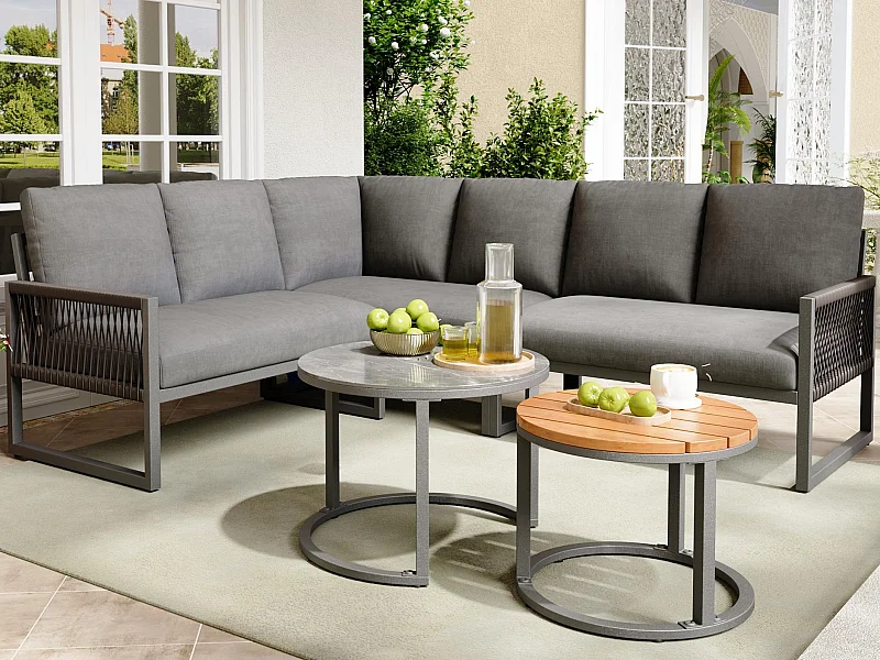 Salon de jardin, ensemble de meubles pour 6-7 personnes, canapé d'angle - en fer galvanisé, pieds réglables, 2 tables gigognes, gris