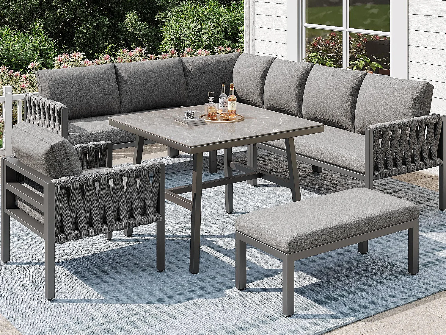 Ensemble de salle à manger de jardin - en corde - avec structure en fer galvanisé, pieds réglables, canapé d'angle, 1 fauteuil, 1 tabouret, gris