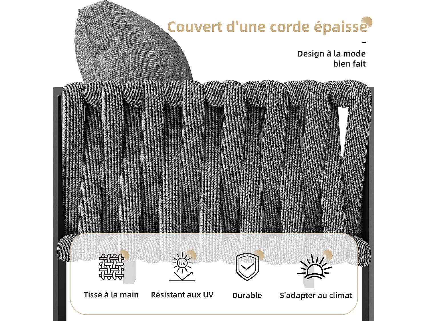 Ensemble de salle à manger de jardin - en corde - avec structure en fer galvanisé, pieds réglables, canapé d'angle, 1 fauteuil, 1 tabouret, gris