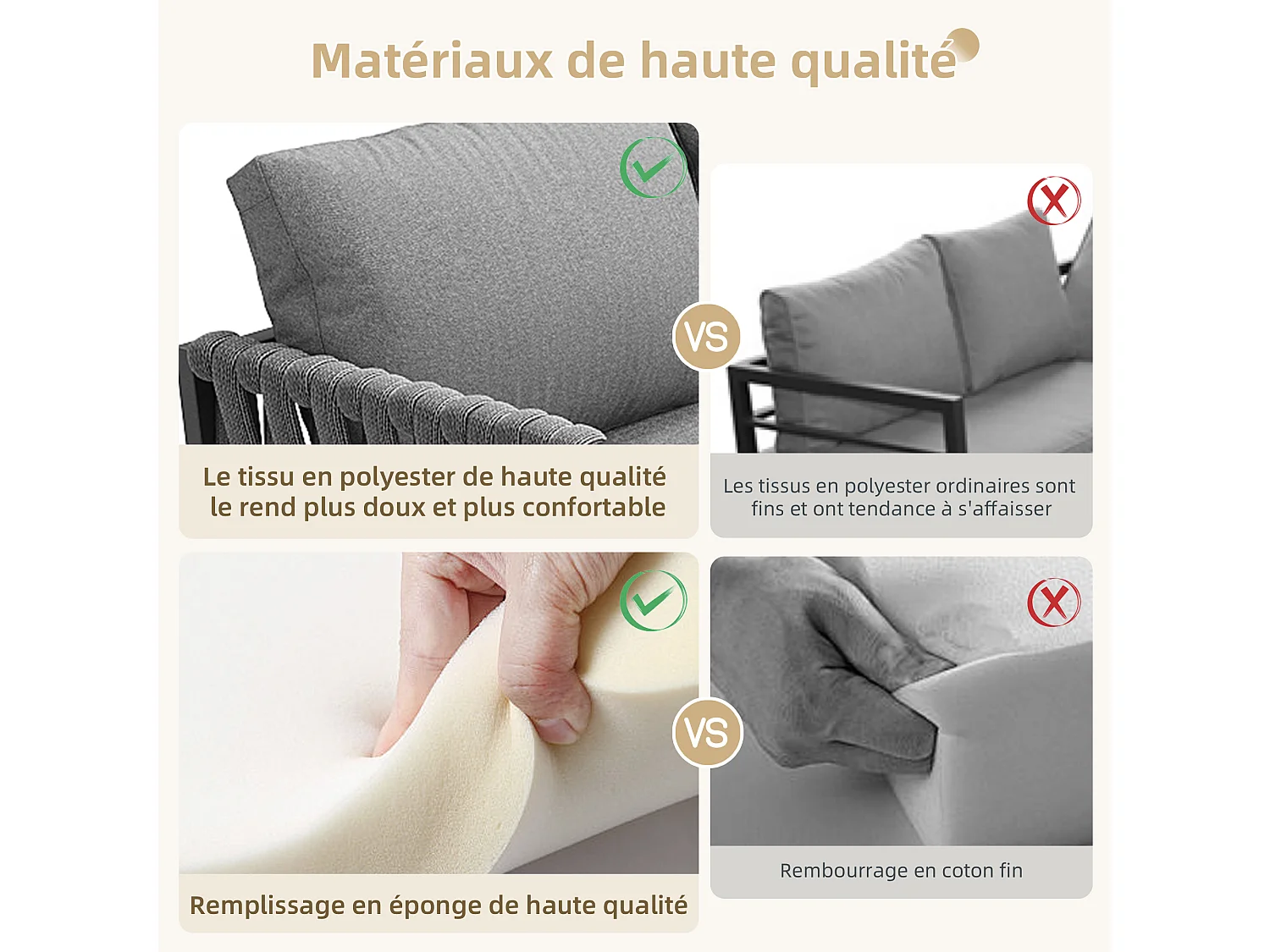 Ensemble de salle à manger de jardin - en corde - avec structure en fer galvanisé, pieds réglables, canapé d'angle, 1 fauteuil, 1 tabouret, gris