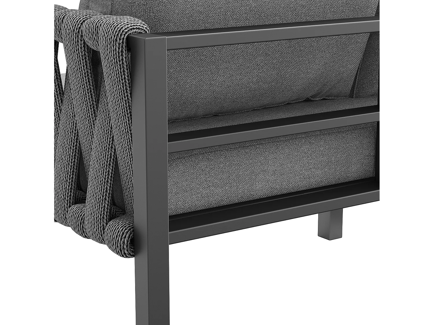 Ensemble de salle à manger de jardin - en corde - avec structure en fer galvanisé, pieds réglables, canapé d'angle, 1 fauteuil, 1 tabouret, gris