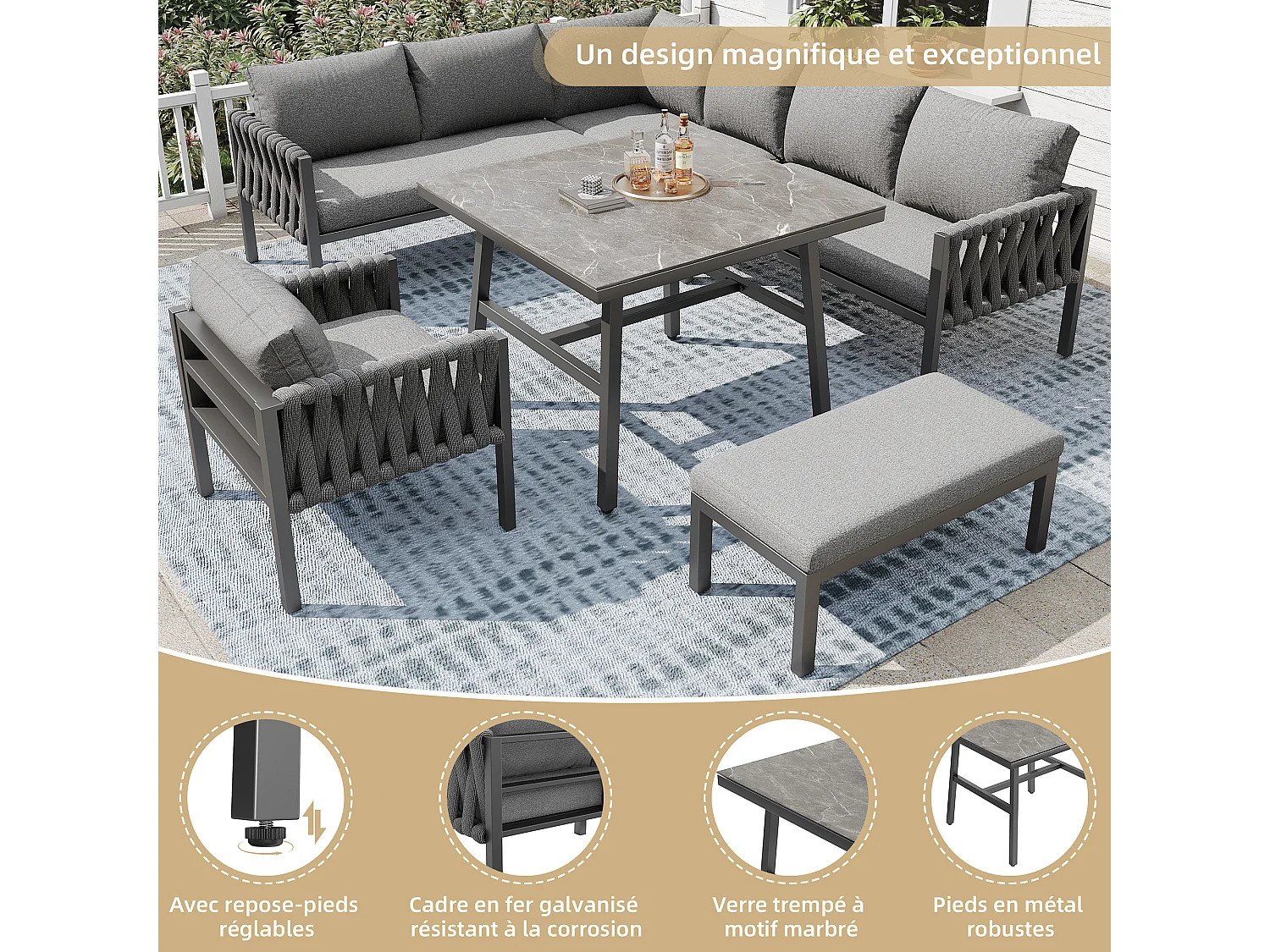 Ensemble de salle à manger de jardin - en corde - avec structure en fer galvanisé, pieds réglables, canapé d'angle, 1 fauteuil, 1 tabouret, gris