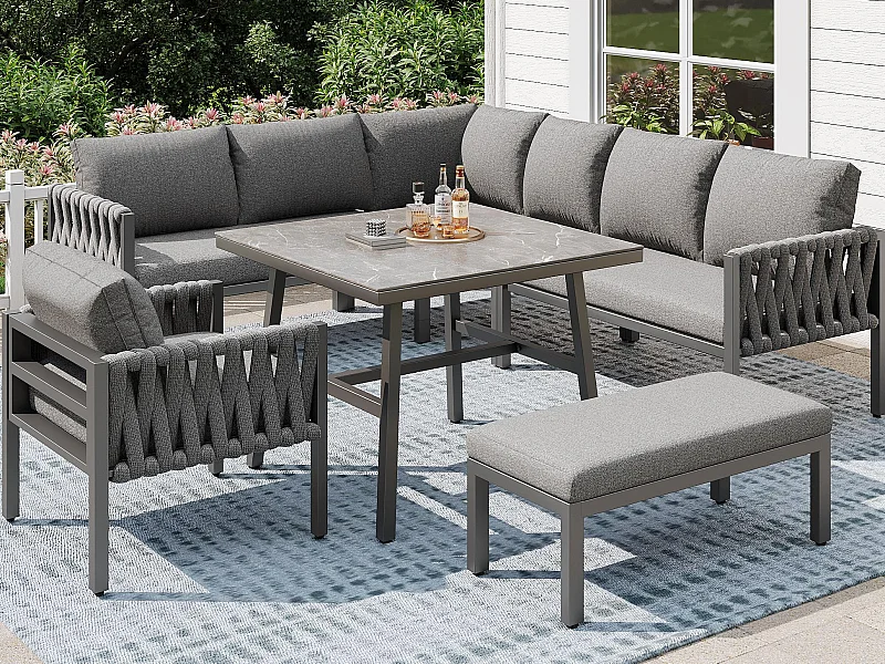 Ensemble de salle à manger de jardin - en corde - avec structure en fer galvanisé, pieds réglables, canapé d'angle, 1 fauteuil, 1 tabouret, gris