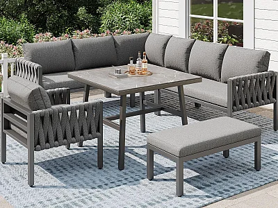 Havespisesæt - reb - med galvaniseret jernstel, justerbare fødder, hjørnesofa, 1 lænestol, 1 skammel, grå