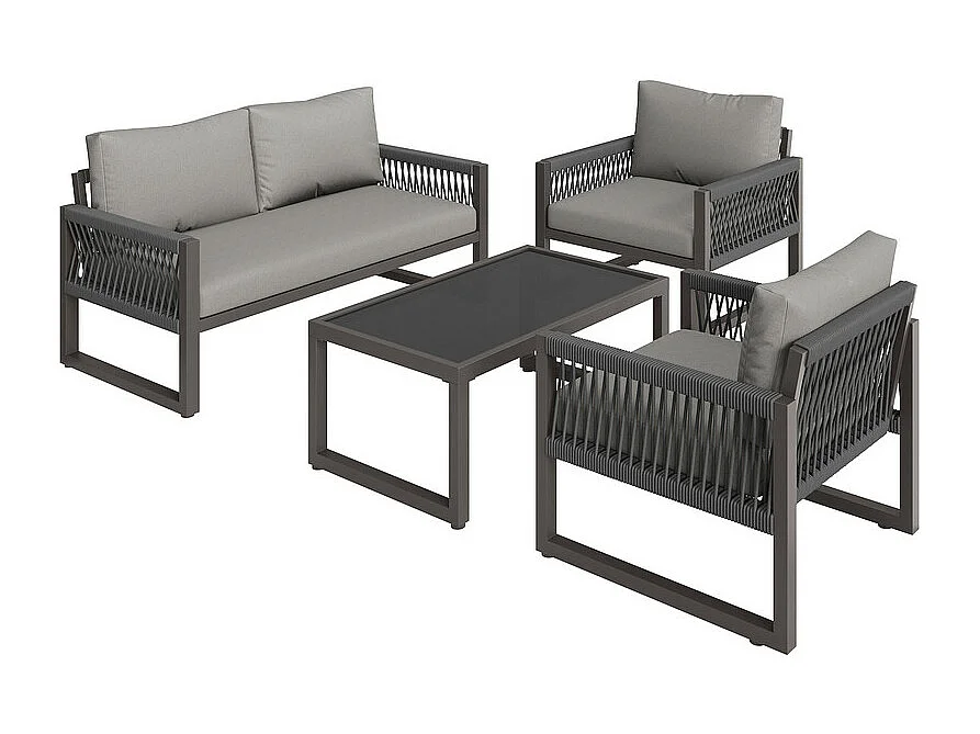 Salone da giardino in ferro zincato - 1 divano, 2 poltrone e 1 tavolino basso in vetro - decorato con corda - 4 posti - Grigio