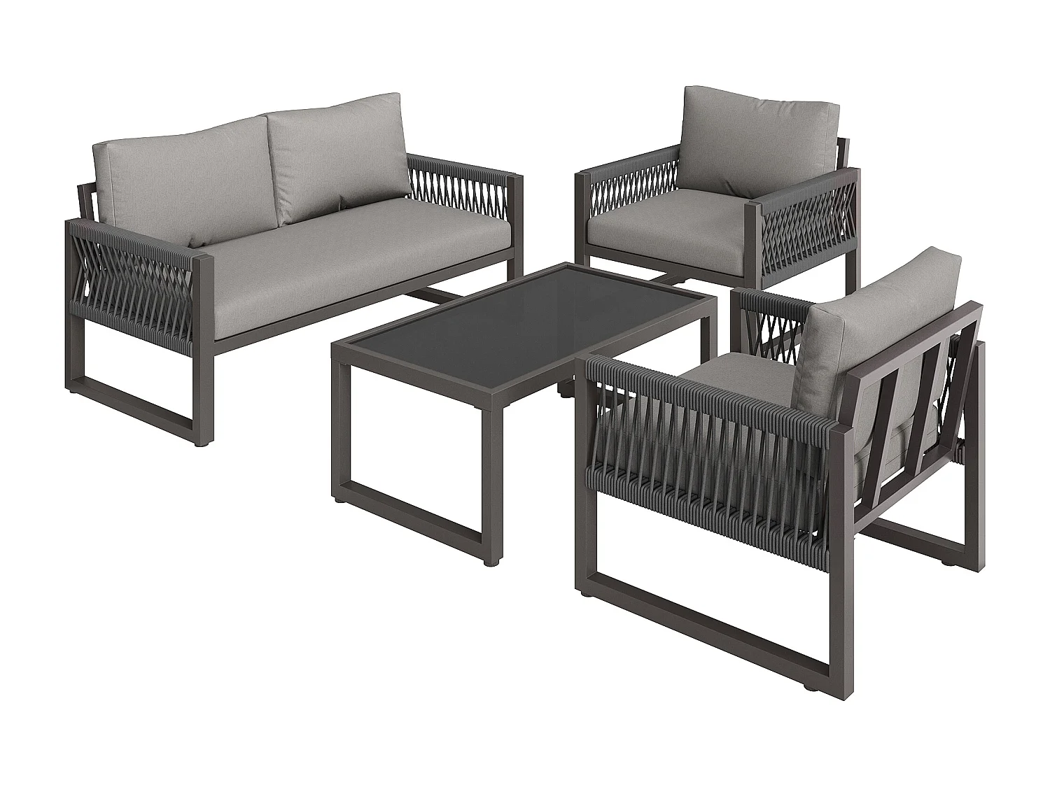 Salone da giardino in ferro zincato - 1 divano, 2 poltrone e 1 tavolino basso in vetro - decorato con corda - 4 posti - Grigio