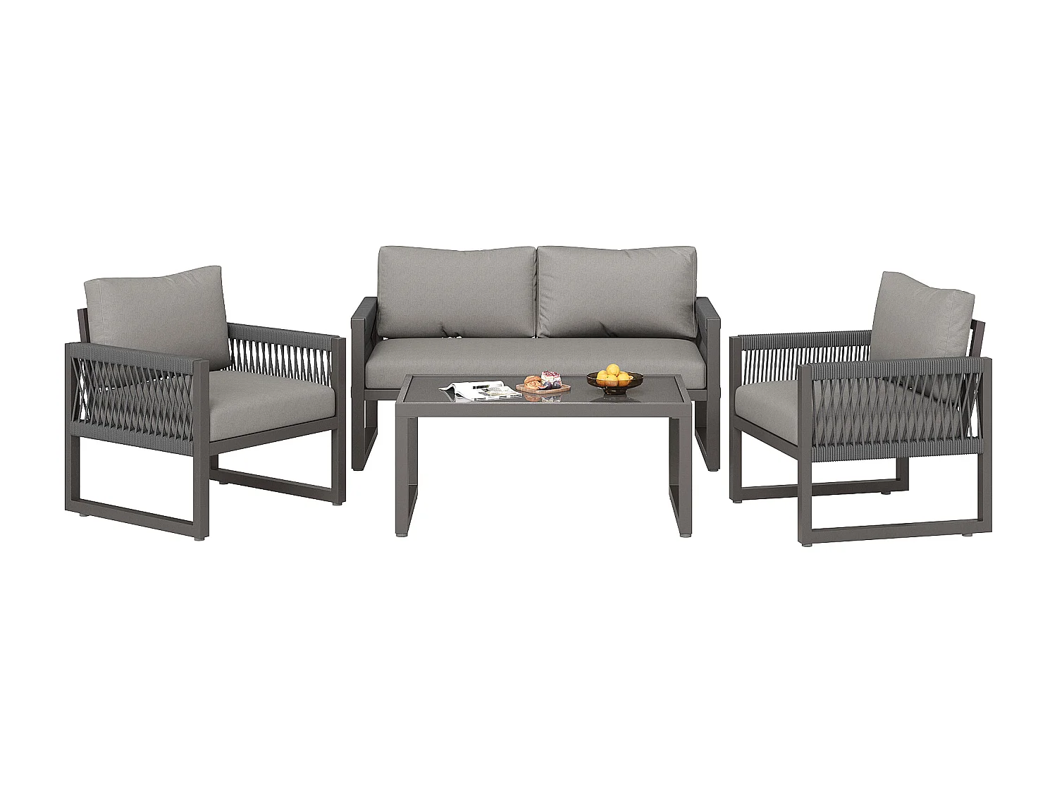 Salone da giardino in ferro zincato - 1 divano, 2 poltrone e 1 tavolino basso in vetro - decorato con corda - 4 posti - Grigio