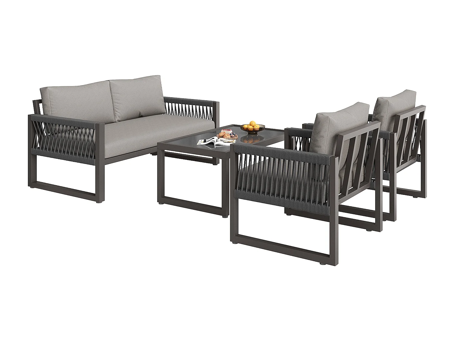 Salone da giardino in ferro zincato - 1 divano, 2 poltrone e 1 tavolino basso in vetro - decorato con corda - 4 posti - Grigio