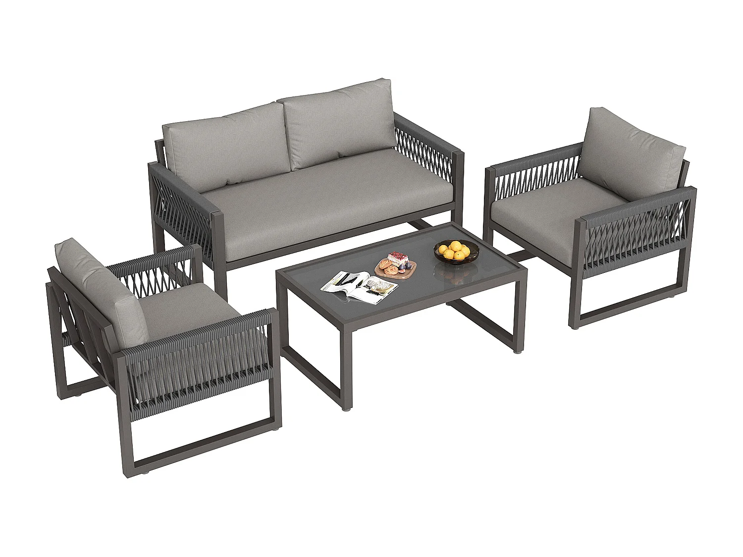 Salone da giardino in ferro zincato - 1 divano, 2 poltrone e 1 tavolino basso in vetro - decorato con corda - 4 posti - Grigio