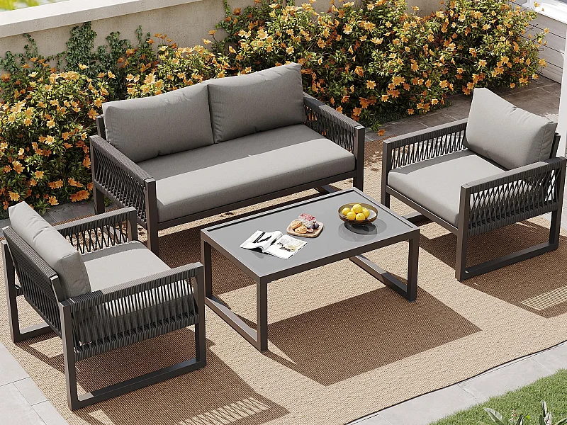 Garten-Salon aus galvanisiertem Eisen - 1 Sofa, 2 Sessel und 1 niedriger Glastisch - mit Seil dekoriert - 4 Plätze - Grau