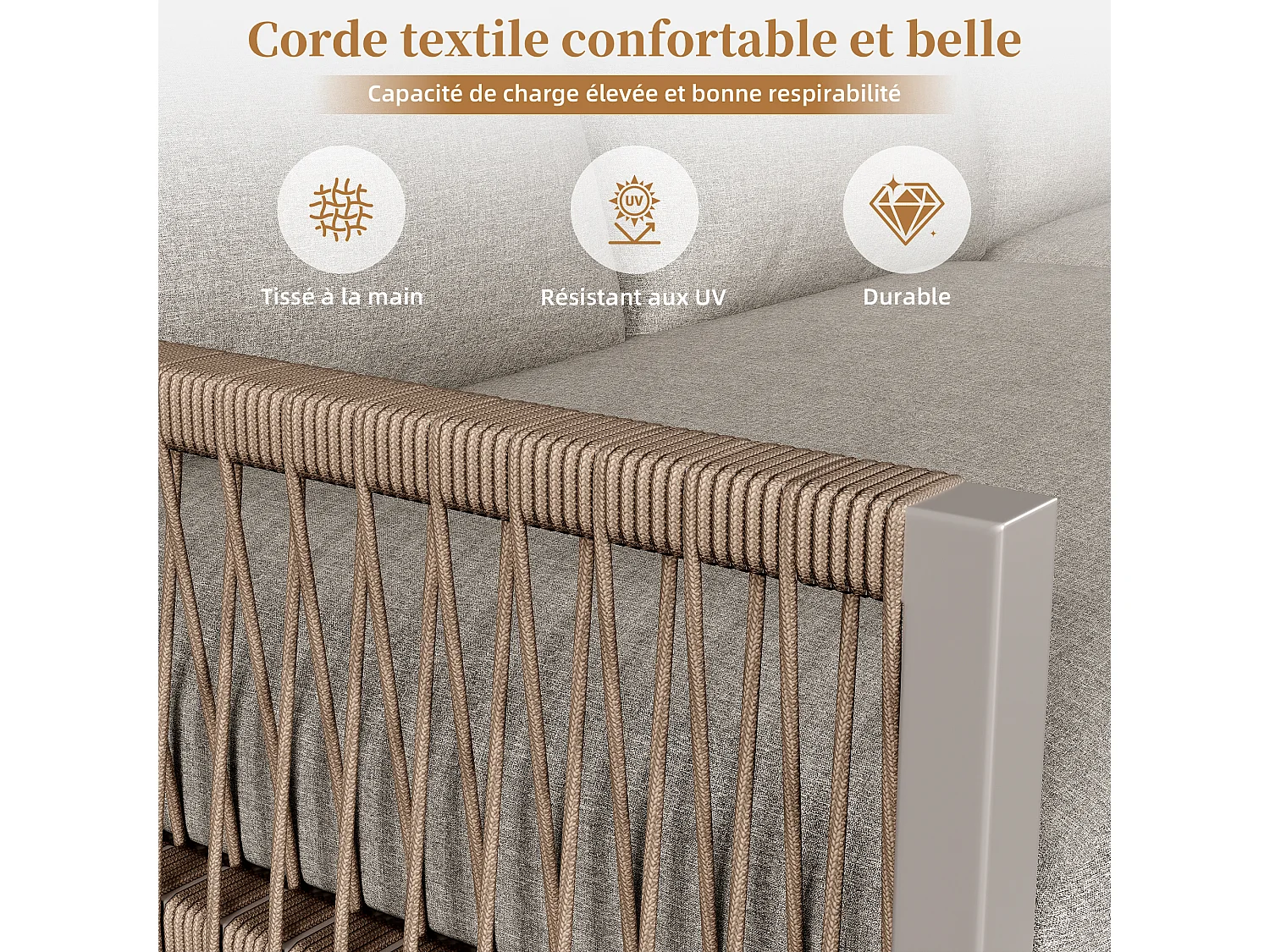 Zestaw mebli ogrodowych dla 6-7 osób, narożna sofa - z galwanizowanej stali, regulowane nogi, 2 stoliki nocne, beżowy