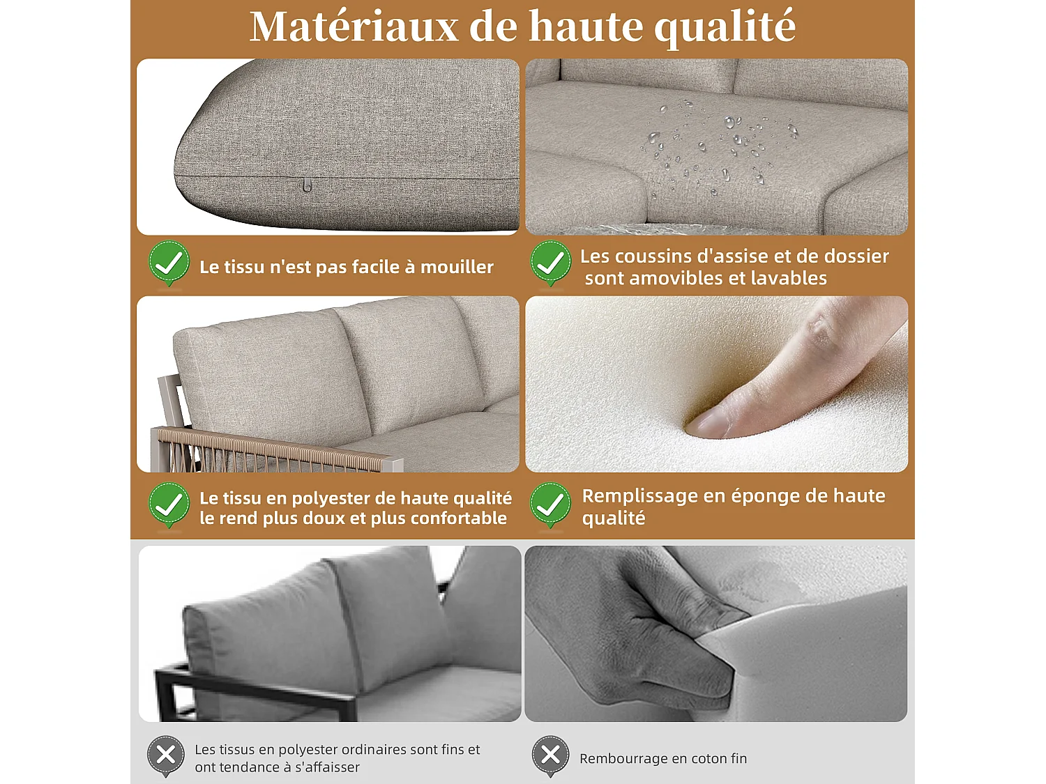 Zestaw mebli ogrodowych dla 6-7 osób, narożna sofa - z galwanizowanej stali, regulowane nogi, 2 stoliki nocne, beżowy