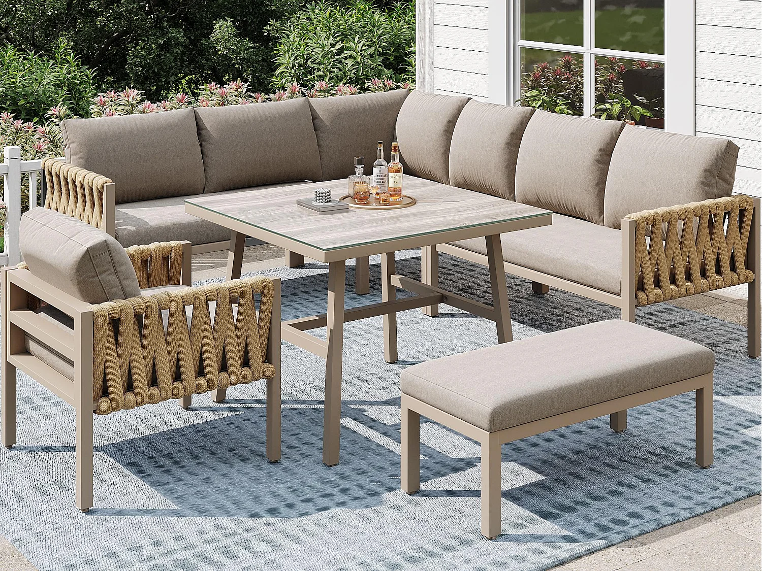 Zestaw mebli ogrodowych - z liną - z galwanizowanej stali, regulowane nogi, narożna sofa, 1 fotel, 1 stołek, beżowy