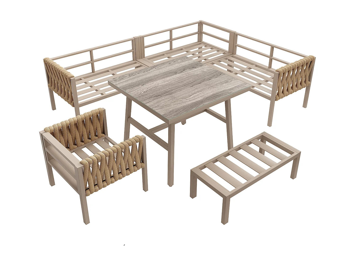 Zestaw mebli ogrodowych - z liną - z galwanizowanej stali, regulowane nogi, narożna sofa, 1 fotel, 1 stołek, beżowy