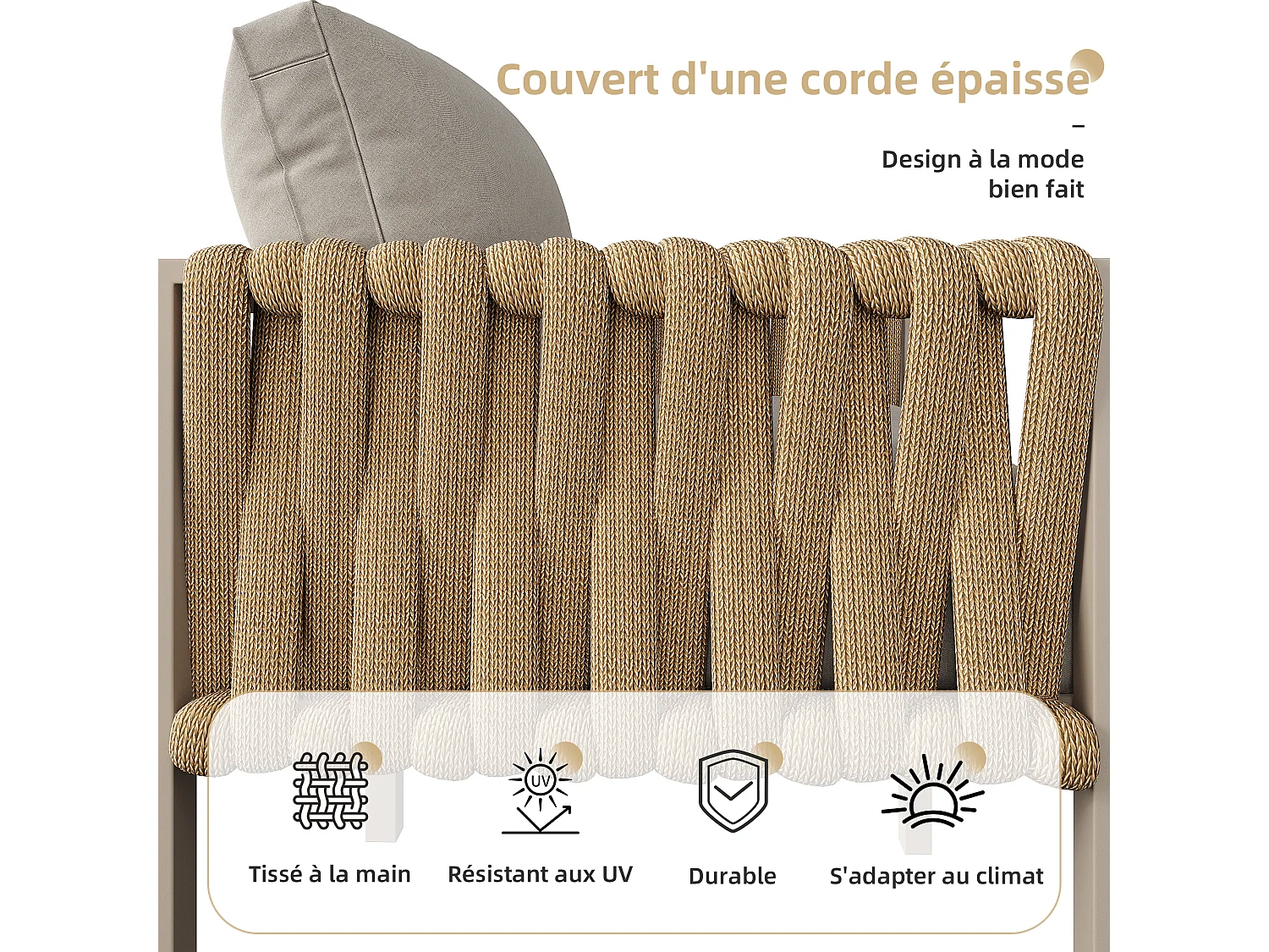 Zestaw mebli ogrodowych - z liną - z galwanizowanej stali, regulowane nogi, narożna sofa, 1 fotel, 1 stołek, beżowy