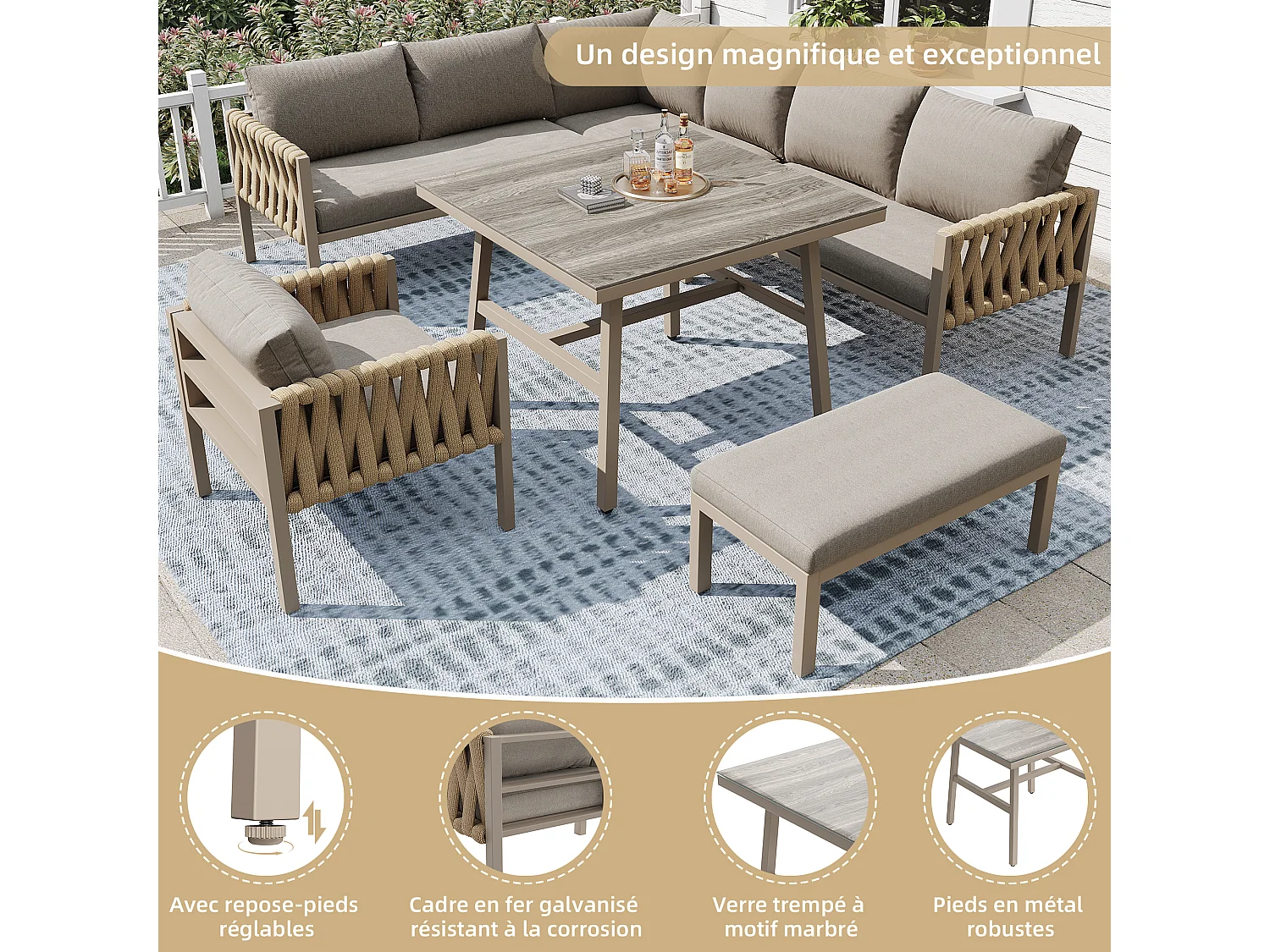 Zestaw mebli ogrodowych - z liną - z galwanizowanej stali, regulowane nogi, narożna sofa, 1 fotel, 1 stołek, beżowy