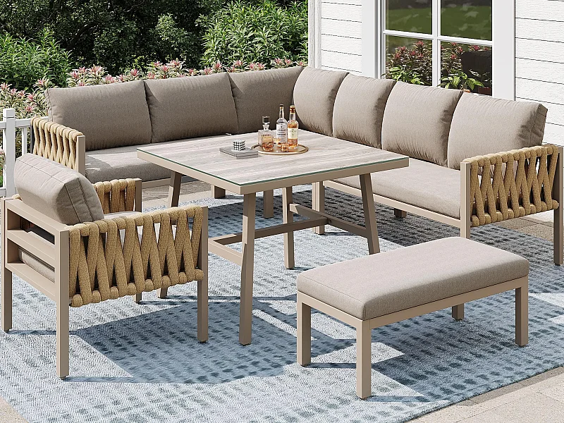 Zestaw mebli ogrodowych - z liną - z galwanizowanej stali, regulowane nogi, narożna sofa, 1 fotel, 1 stołek, beżowy