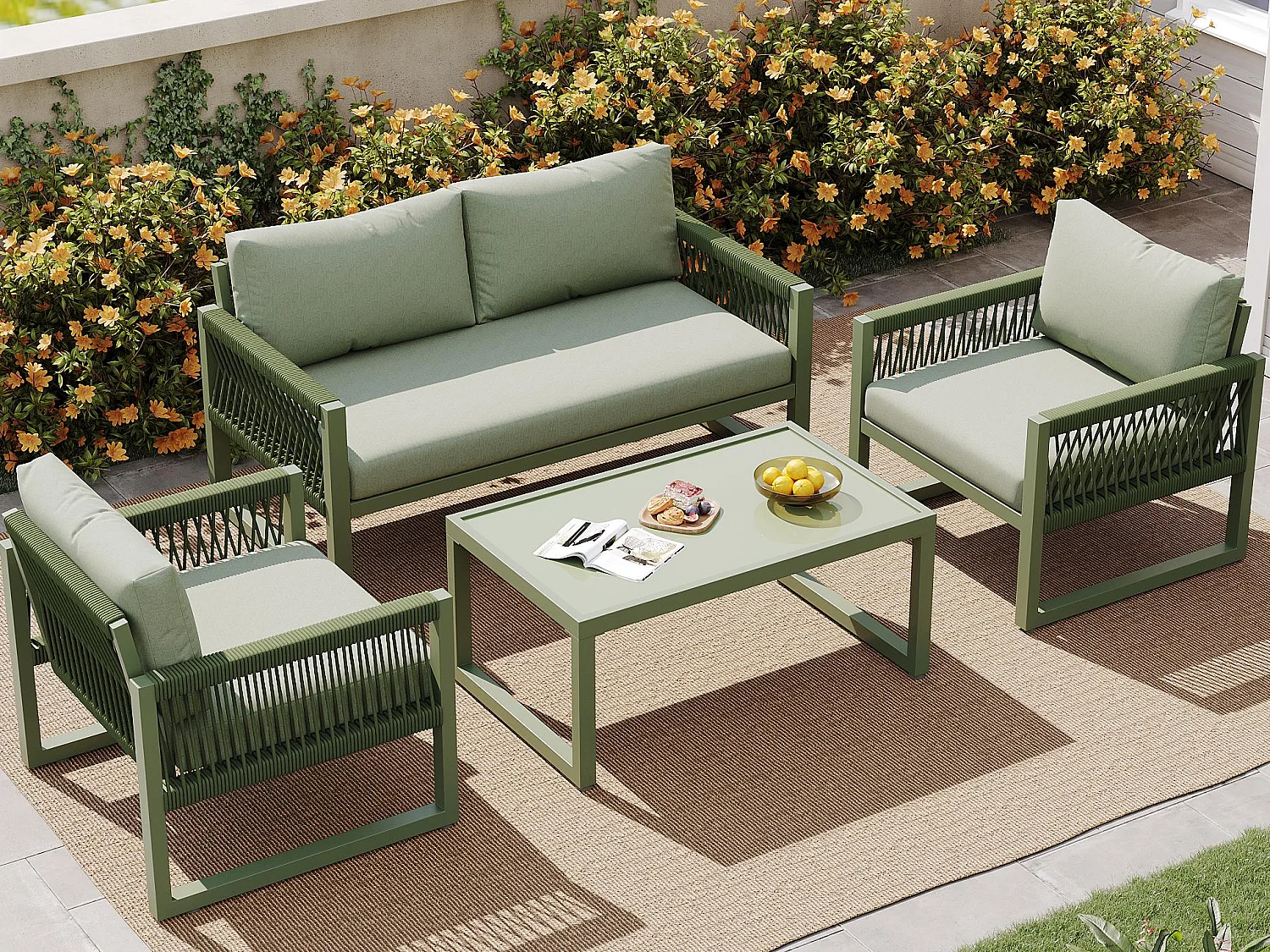 Salon de jardin en Fer galvanisé - 1 canapé 2 fauteuils et 1 table basse en verre - décoré de Corde - 4 places- Vert Avocat