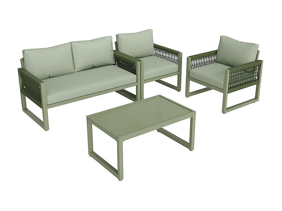 Salon de jardin en Fer galvanisé - 1 canapé 2 fauteuils et 1 table basse en verre - décoré de Corde - 4 places- Vert Avocat