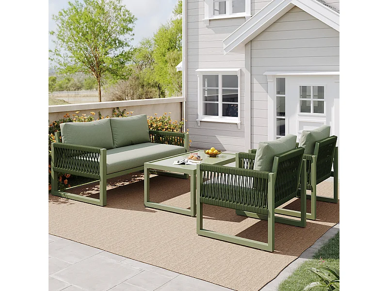 Salon de jardin en Fer galvanisé - 1 canapé 2 fauteuils et 1 table basse en verre - décoré de Corde - 4 places- Vert Avocat