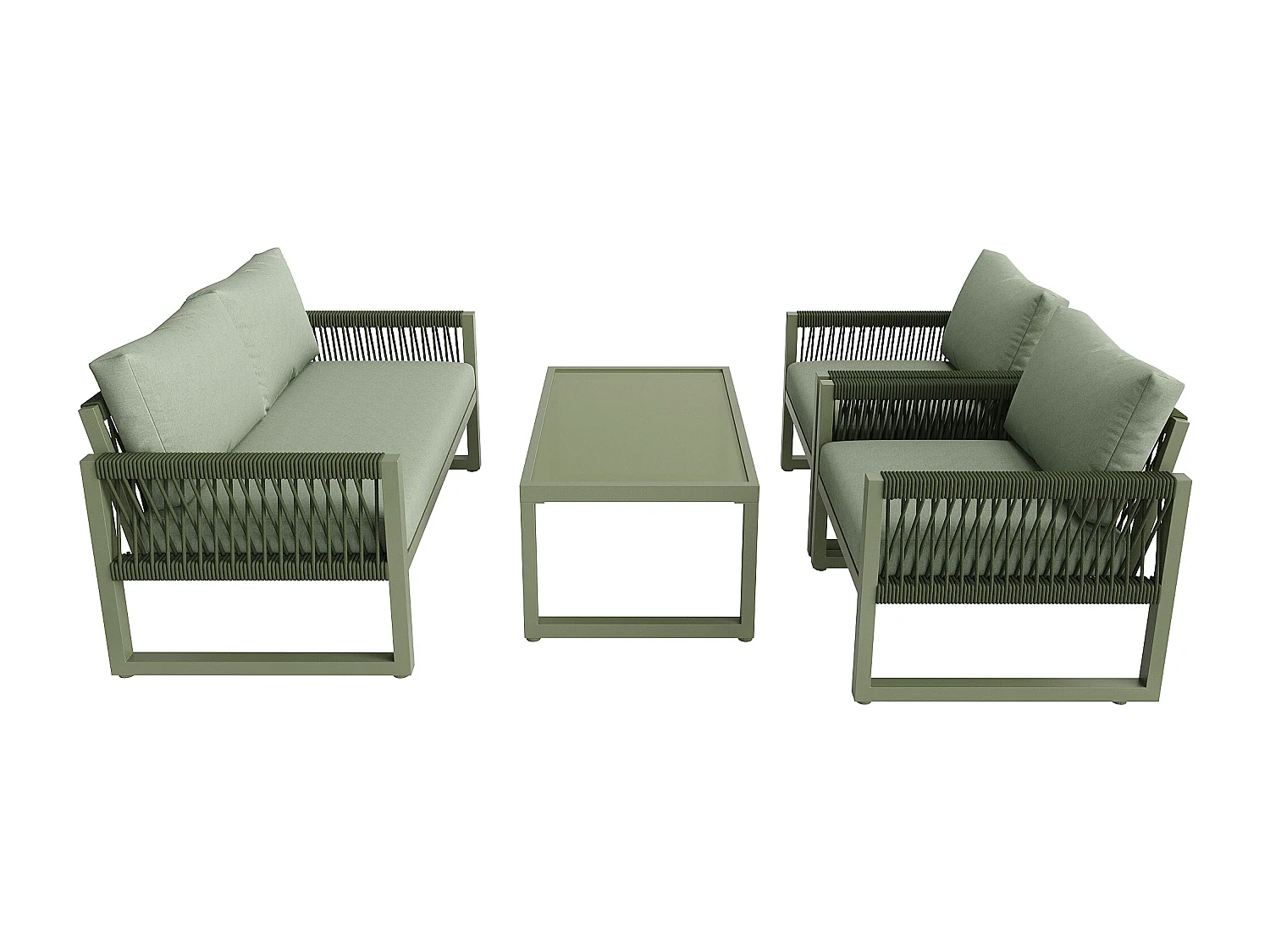 Salon de jardin en Fer galvanisé - 1 canapé 2 fauteuils et 1 table basse en verre - décoré de Corde - 4 places- Vert Avocat