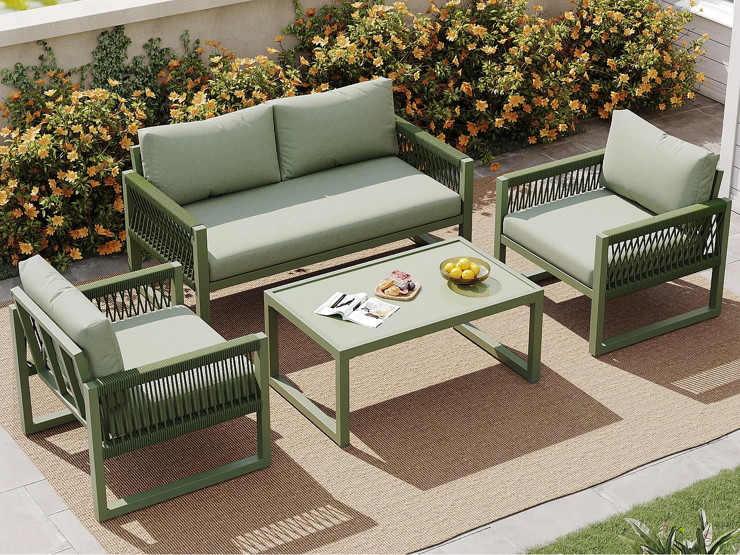 Salone da giardino in ferro zincato - 1 divano, 2 poltrone e 1 tavolino basso in vetro - decorato con corda - 4 posti - Verde Avocado