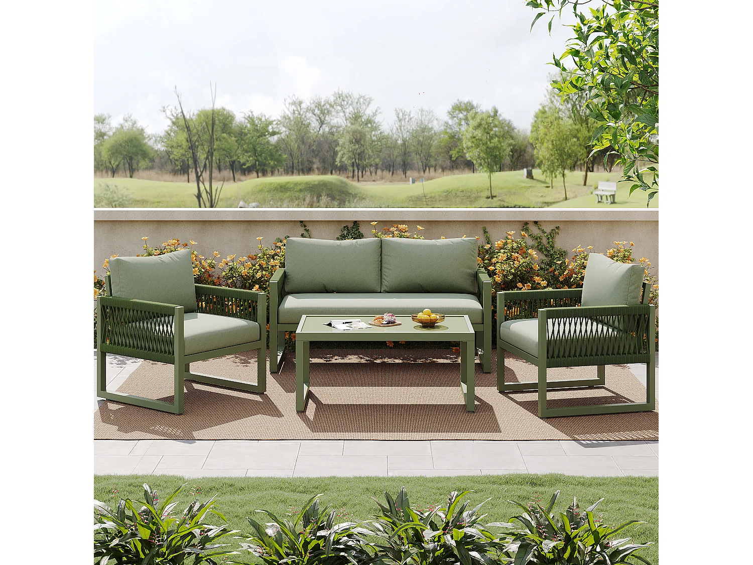 Salone da giardino in ferro zincato - 1 divano, 2 poltrone e 1 tavolino basso in vetro - decorato con corda - 4 posti - Verde Avocado