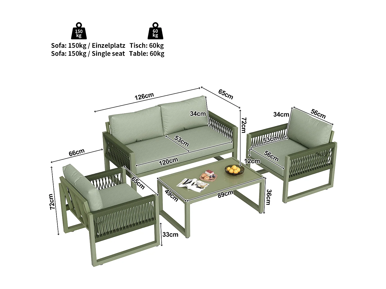 Salone da giardino in ferro zincato - 1 divano, 2 poltrone e 1 tavolino basso in vetro - decorato con corda - 4 posti - Verde Avocado