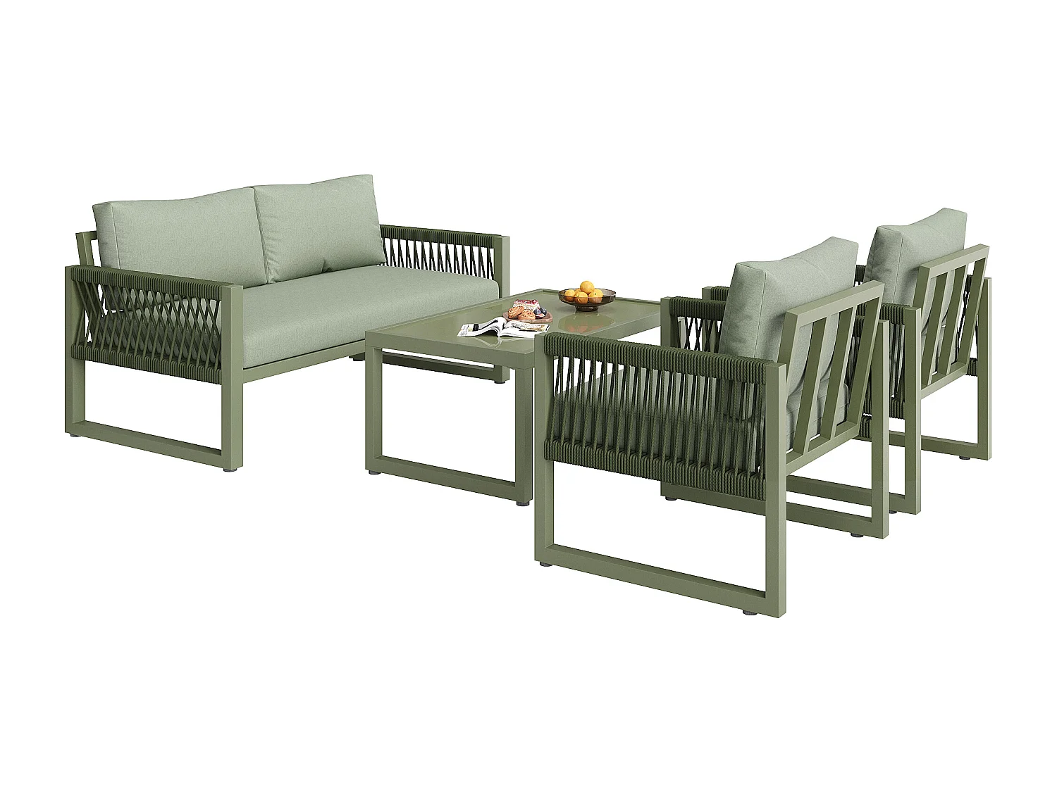 Salone da giardino in ferro zincato - 1 divano, 2 poltrone e 1 tavolino basso in vetro - decorato con corda - 4 posti - Verde Avocado