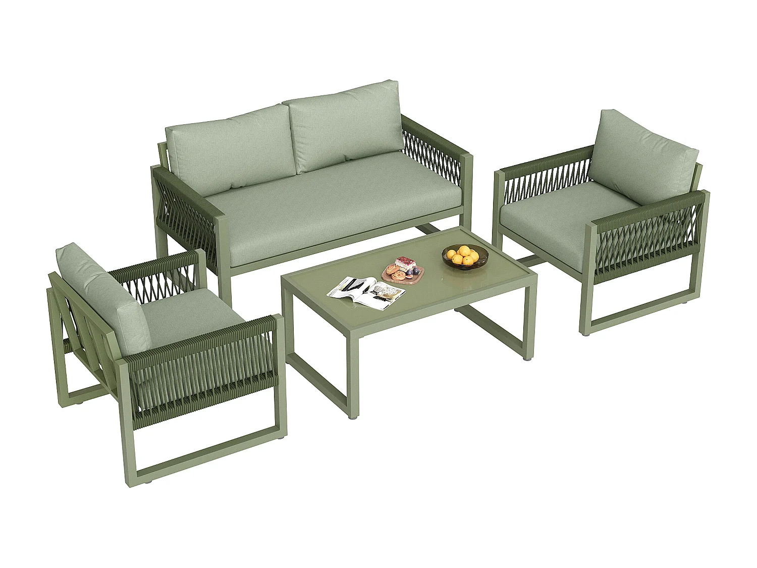 Salone da giardino in ferro zincato - 1 divano, 2 poltrone e 1 tavolino basso in vetro - decorato con corda - 4 posti - Verde Avocado