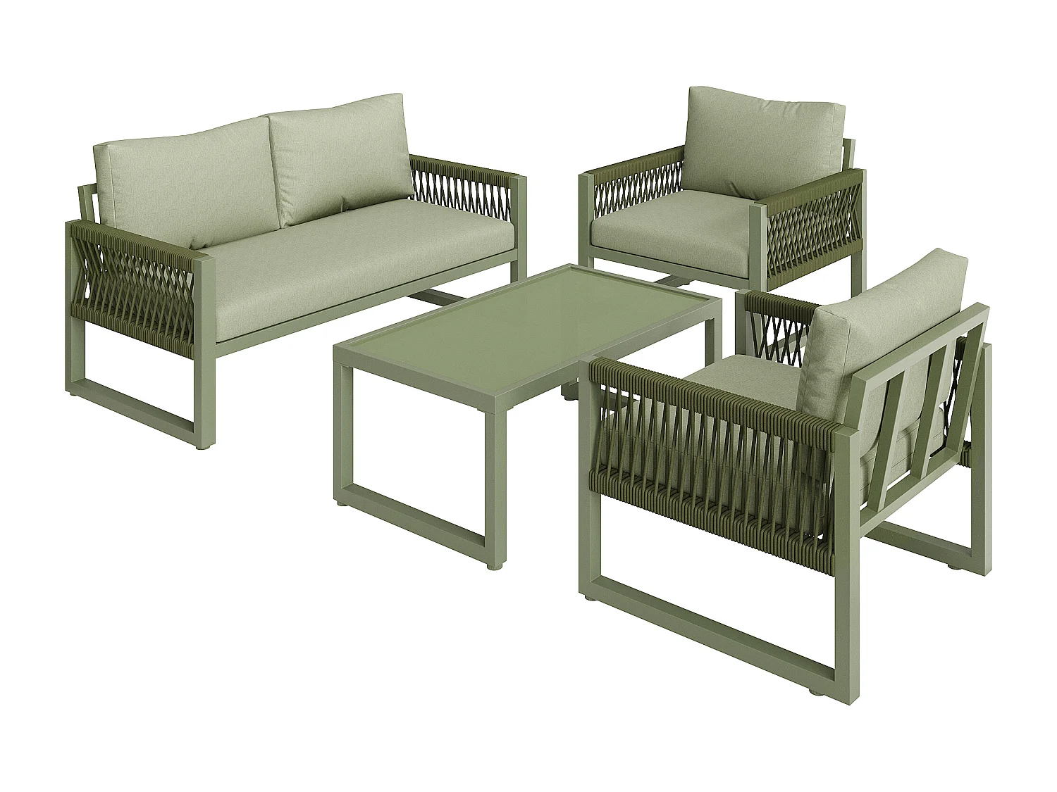 Salone da giardino in ferro zincato - 1 divano, 2 poltrone e 1 tavolino basso in vetro - decorato con corda - 4 posti - Verde Avocado