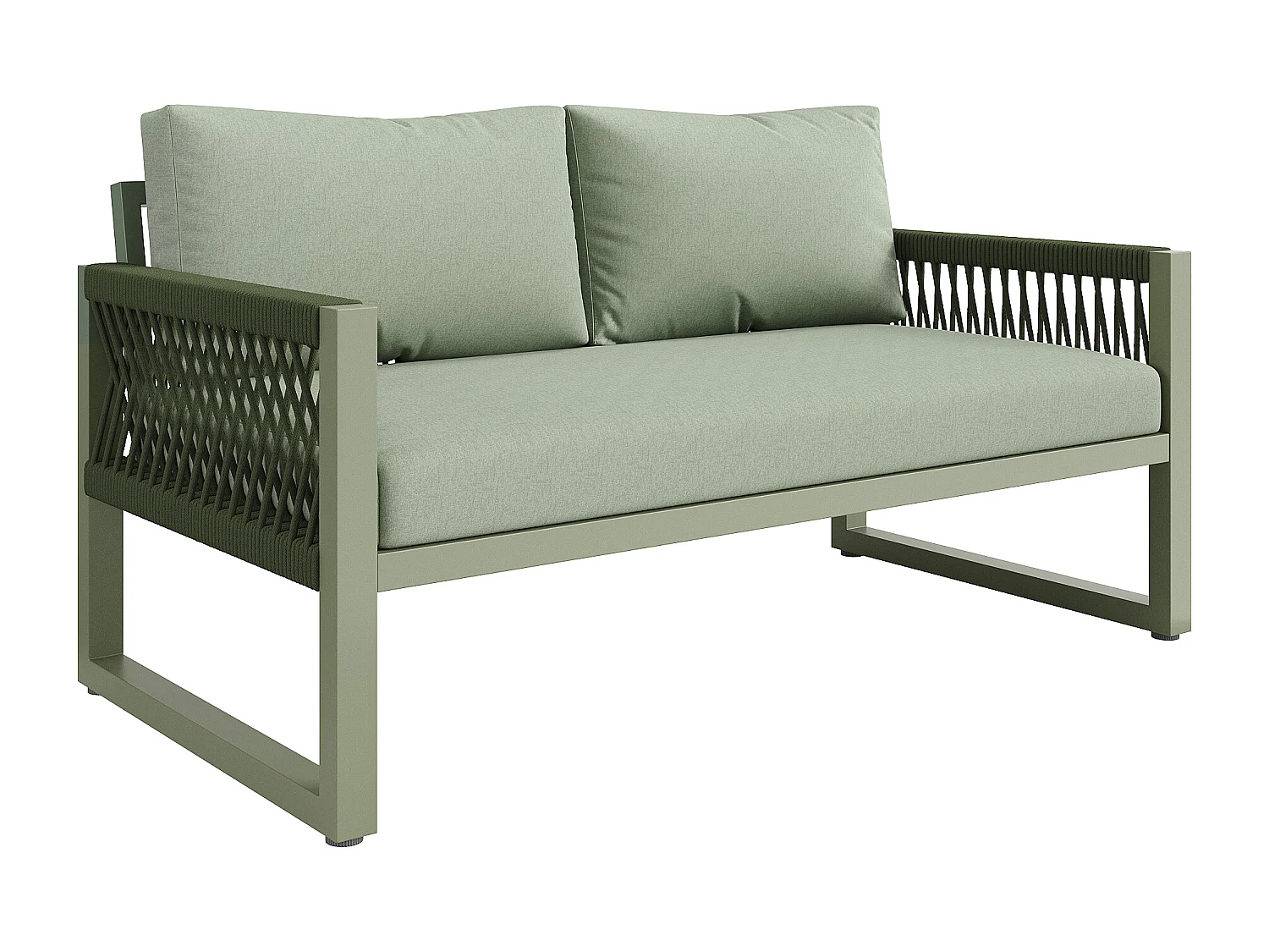 Salone da giardino in ferro zincato - 1 divano, 2 poltrone e 1 tavolino basso in vetro - decorato con corda - 4 posti - Verde Avocado