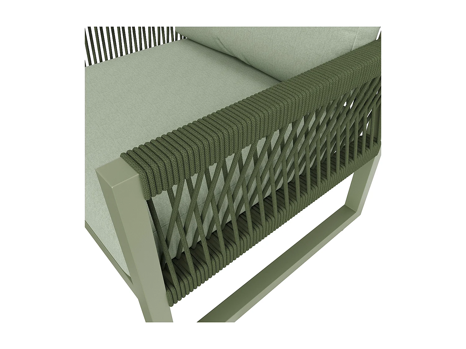 Salone da giardino in ferro zincato - 1 divano, 2 poltrone e 1 tavolino basso in vetro - decorato con corda - 4 posti - Verde Avocado