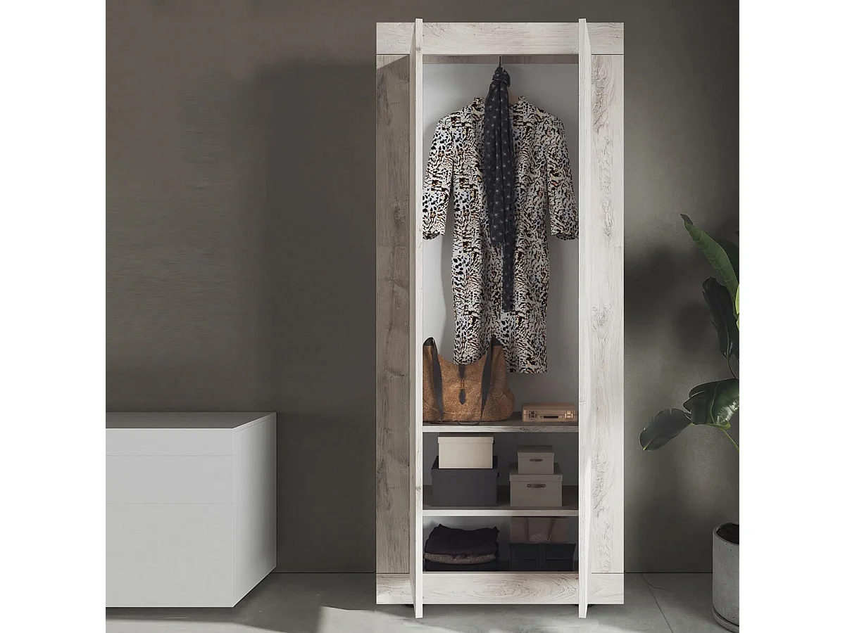 ROVICA - Penderie 2 portes avec 2 étagères aspect bois blanchi