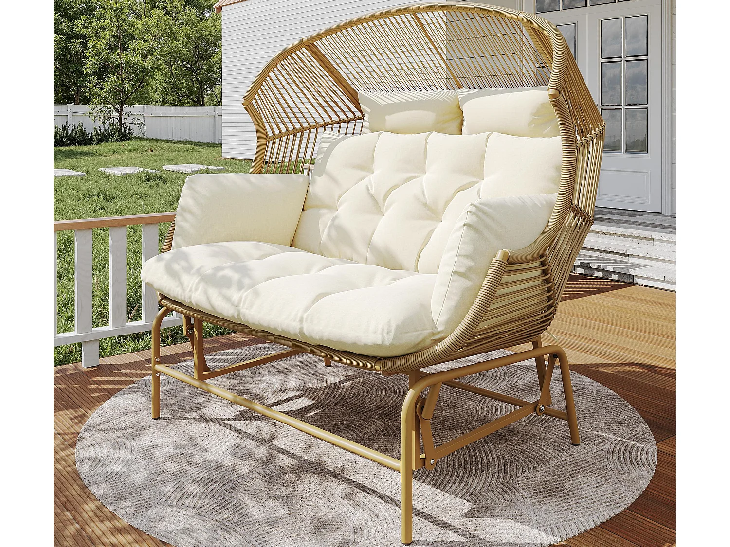 Sedia a dondolo doppia per giardino 145x85x143cm - Sedia a dondolo - Rattan PE + ferro + tessuto impermeabile - Naturale