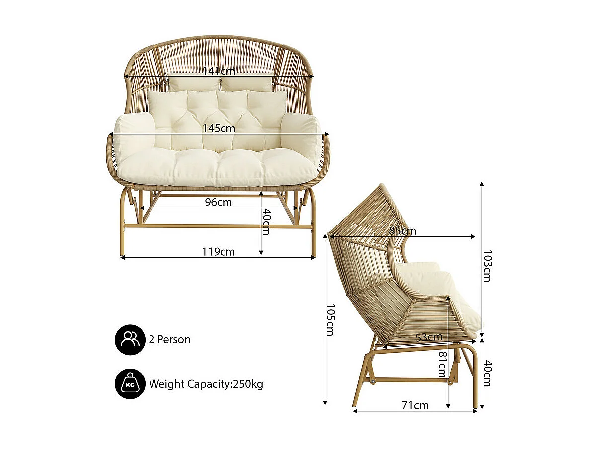Sedia a dondolo doppia per giardino 145x85x143cm - Sedia a dondolo - Rattan PE + ferro + tessuto impermeabile - Naturale